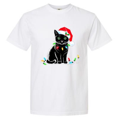 Black Cat Christmas Lights Santa Hat Funny Xmas Cat Lover Garment-Dyed Heavyweight T-Shirt