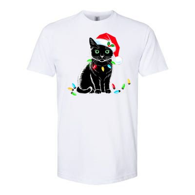 Black Cat Christmas Lights Santa Hat Funny Xmas Cat Lover Softstyle CVC T-Shirt