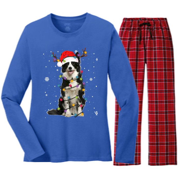 Border Collie Christmas Santa Xmas Lights Dog Lover Gift Women's Long Sleeve Flannel Pajama Set 