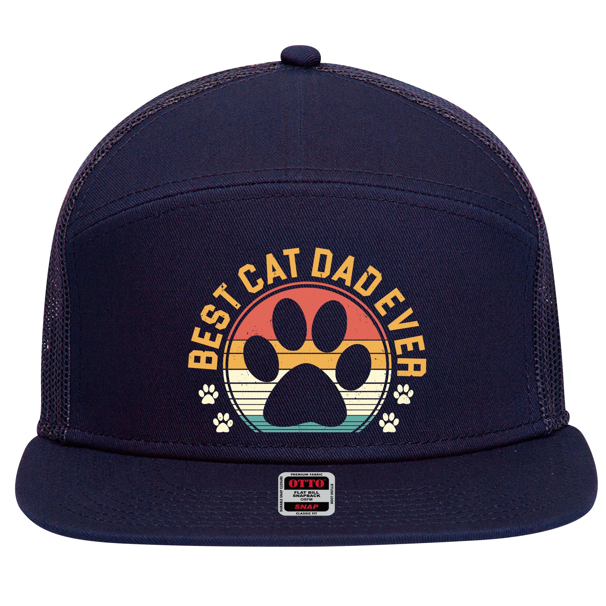 Best Cat Dad Ever Retro Sunset 7 Panel Mesh Trucker Snapback Hat