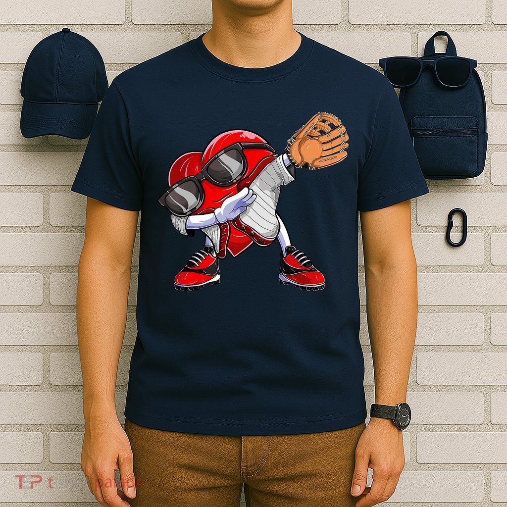 Baseball Catcher Dabbing Heart Valentines Day T-Shirt