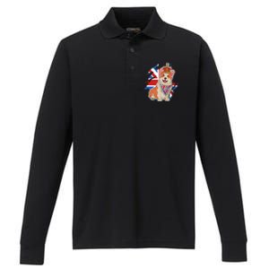 British Corgi Dog Crown Union Jack Queens Platinum Jubilee Great Gift Performance Long Sleeve Polo