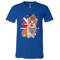 British Corgi Dog Crown Union Jack Queens Platinum Jubilee Great Gift V-Neck T-Shirt