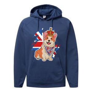 British Corgi Dog Crown Union Jack Queens Platinum Jubilee Great Gift Performance Fleece Hoodie