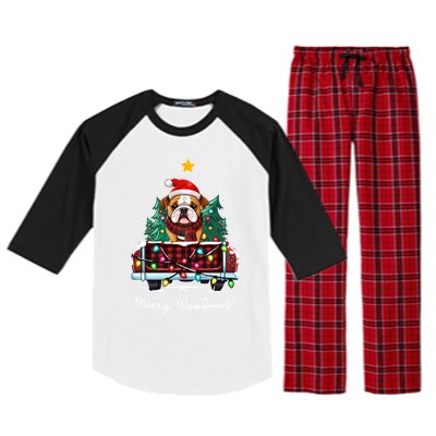 Bulldog Christmas Dog Truck Plaid Funny Xmas Tree Gift Raglan Sleeve Pajama Set