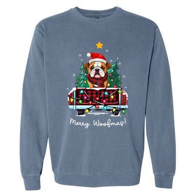 Bulldog Christmas Dog Truck Plaid Funny Xmas Tree Gift Garment-Dyed Sweatshirt