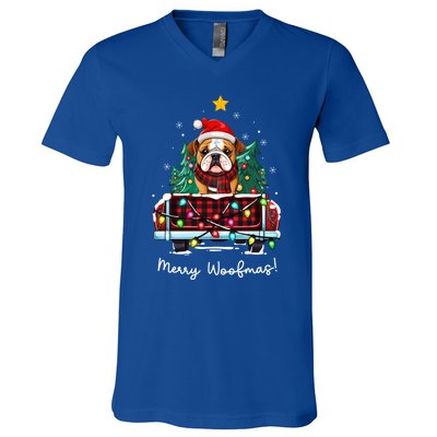 Bulldog Christmas Dog Truck Plaid Funny Xmas Tree Gift V-Neck T-Shirt