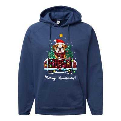 Bulldog Christmas Dog Truck Plaid Funny Xmas Tree Gift Performance Fleece Hoodie