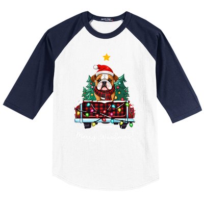 Bulldog Christmas Dog Truck Plaid Funny Xmas Tree Gift Baseball Sleeve Shirt