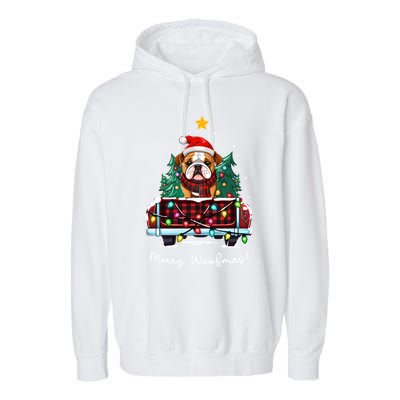 Bulldog Christmas Dog Truck Plaid Funny Xmas Tree Gift Garment-Dyed Fleece Hoodie