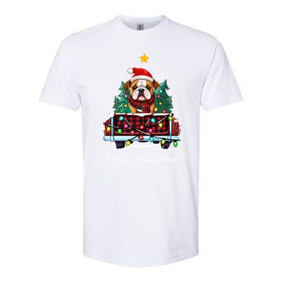 Bulldog Christmas Dog Truck Plaid Funny Xmas Tree Gift Softstyle CVC T-Shirt