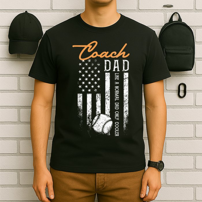 Baseball Coach Dad Like A Normal Dad Only Cooler USA Flag T-Shirt