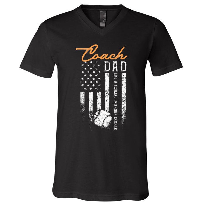 Baseball Coach Dad Like A Normal Dad Only Cooler USA Flag V-Neck T-Shirt