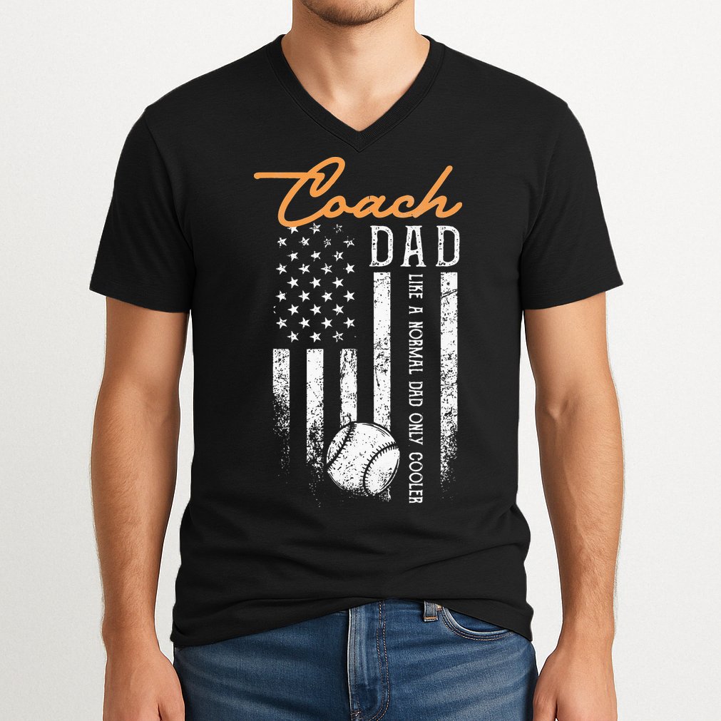 Baseball Coach Dad Like A Normal Dad Only Cooler USA Flag V-Neck T-Shirt