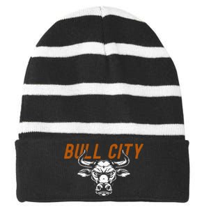 Bull City Durham Nc 919 North Carolina Bull Head Striped Beanie with Solid Band