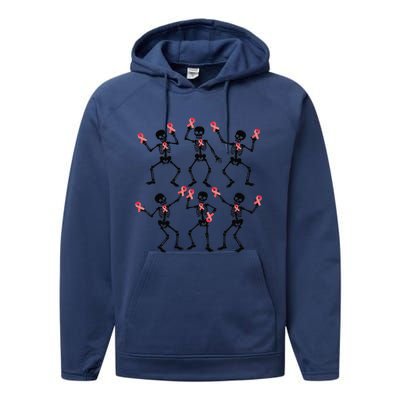 Breast Cancer Dancing Skeleton Pin.K Ribbon Halloween 2024 Performance Fleece Hoodie