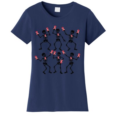 Breast Cancer Dancing Skeleton Pin.K Ribbon Halloween 2024 Women's T-Shirt