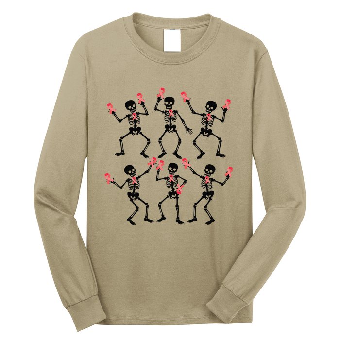 Breast Cancer Dancing Skeleton Pin.K Ribbon Halloween 2024 Long Sleeve Shirt