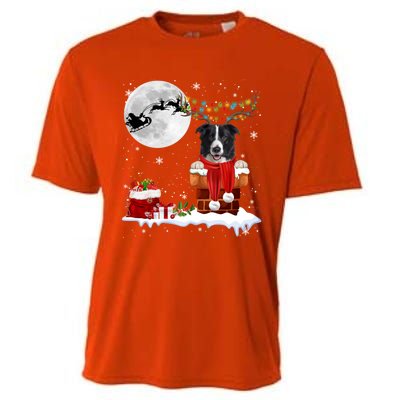 Border Collie Dog Chimney Ugly Christmas Lights Xmas Pajamas Funny Gift Cooling Performance Crew T-Shirt