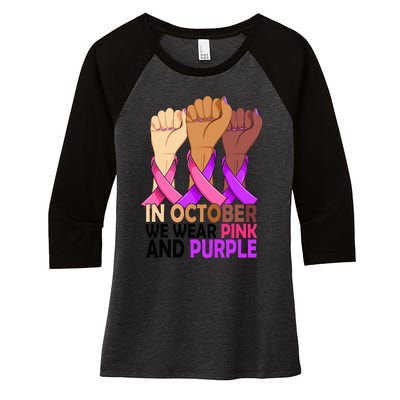 Breast Cancer Domestic Violence Awareness Pink Purple Ribbon Women's Tri-Blend 3/4-Sleeve Raglan Shirt