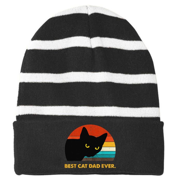 Best Cat Dad Ever Funny Black Cat Daddy Vintage Fathers Day Striped Beanie with Solid Band