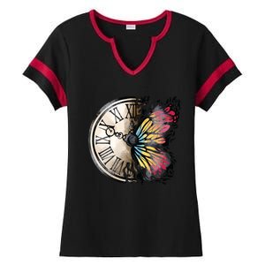 Butterfly Clock Design Ladies Halftime Notch Neck Tee