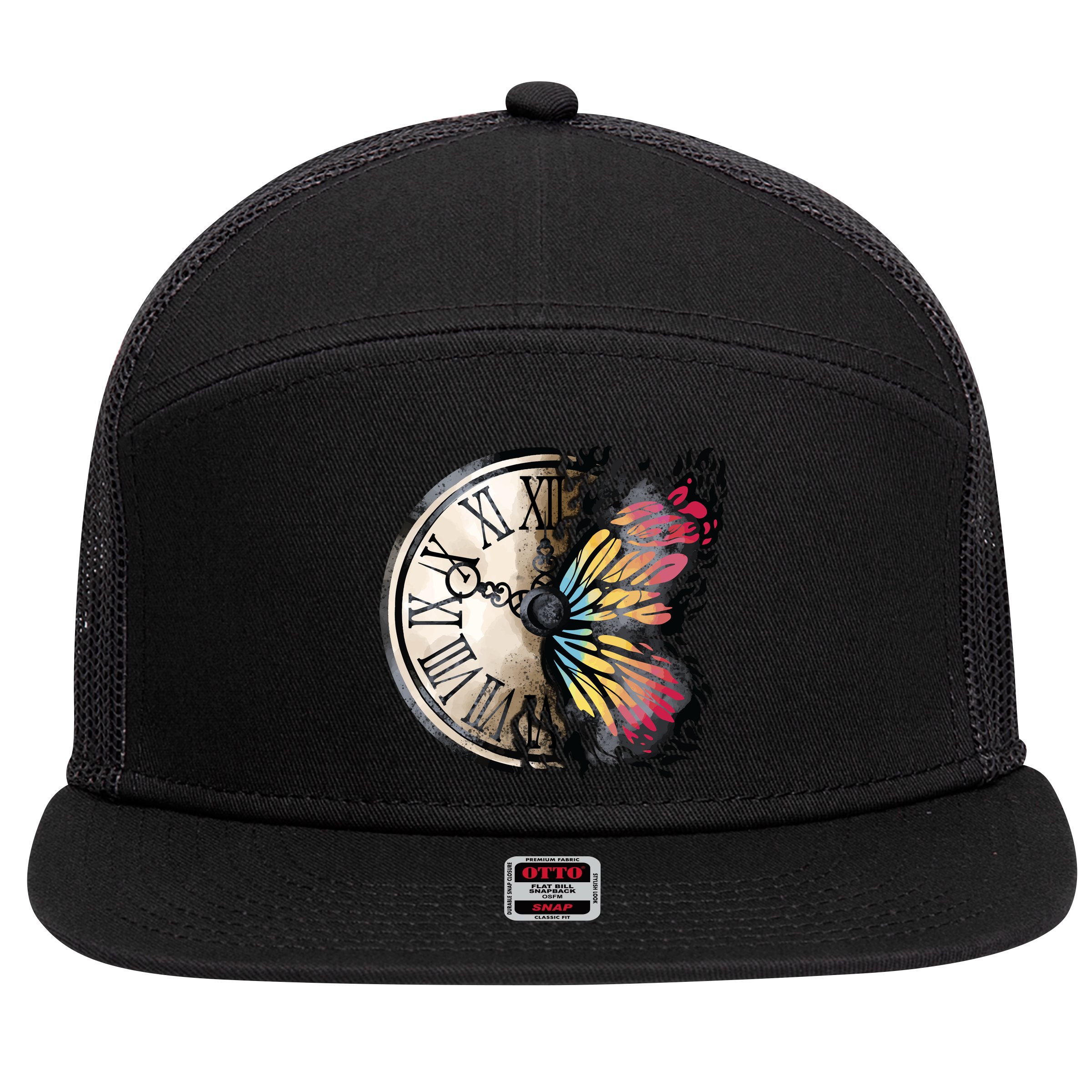 Butterfly Clock Design 7 Panel Mesh Trucker Snapback Hat