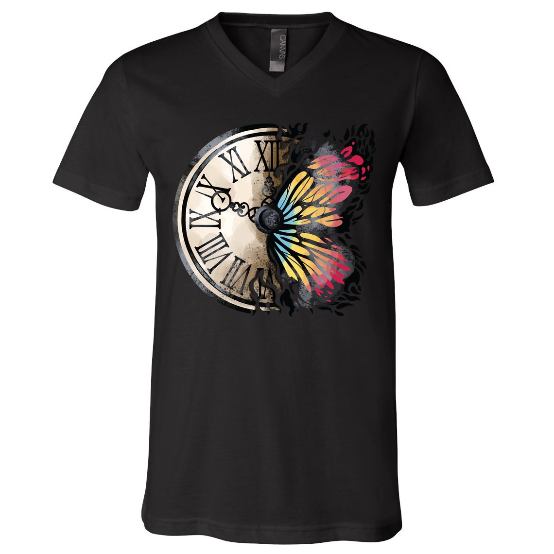 Butterfly Clock Design V-Neck T-Shirt