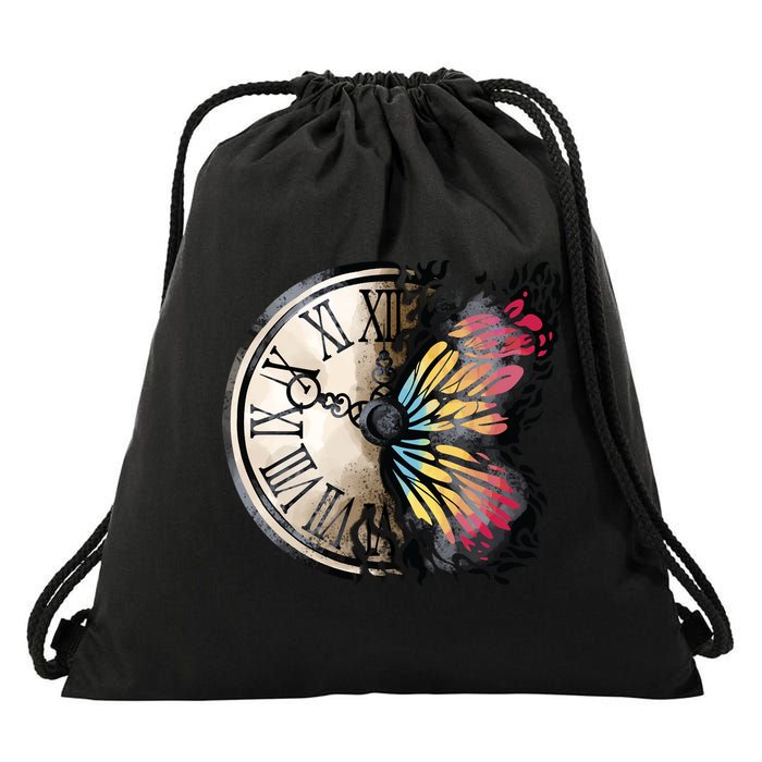 Butterfly Clock Design Drawstring Bag