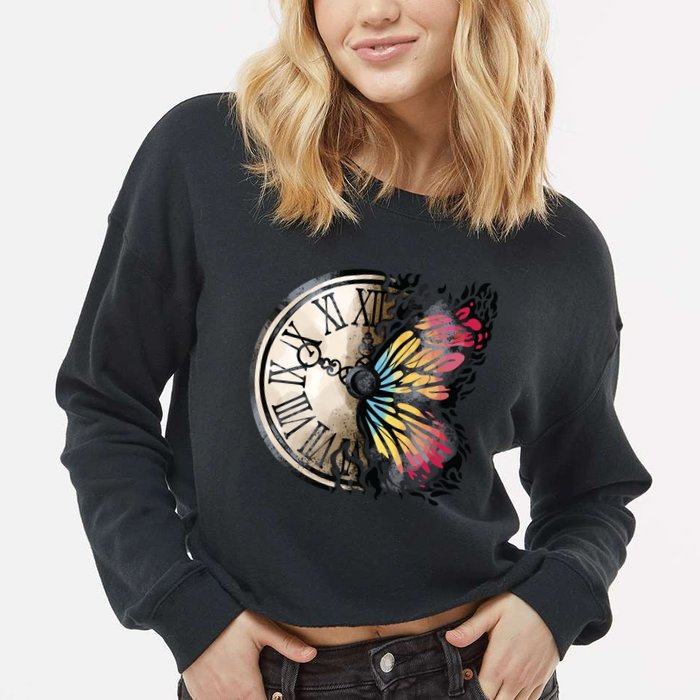 Butterfly Clock Design Cropped Pullover Crew