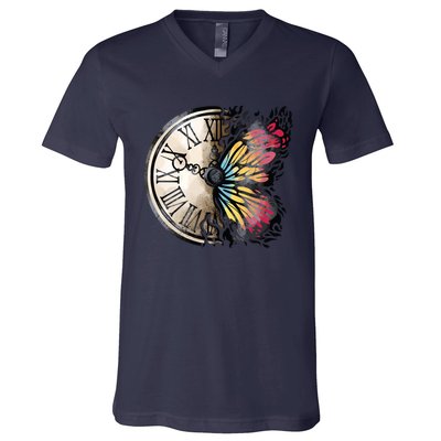 Butterfly Clock Design V-Neck T-Shirt