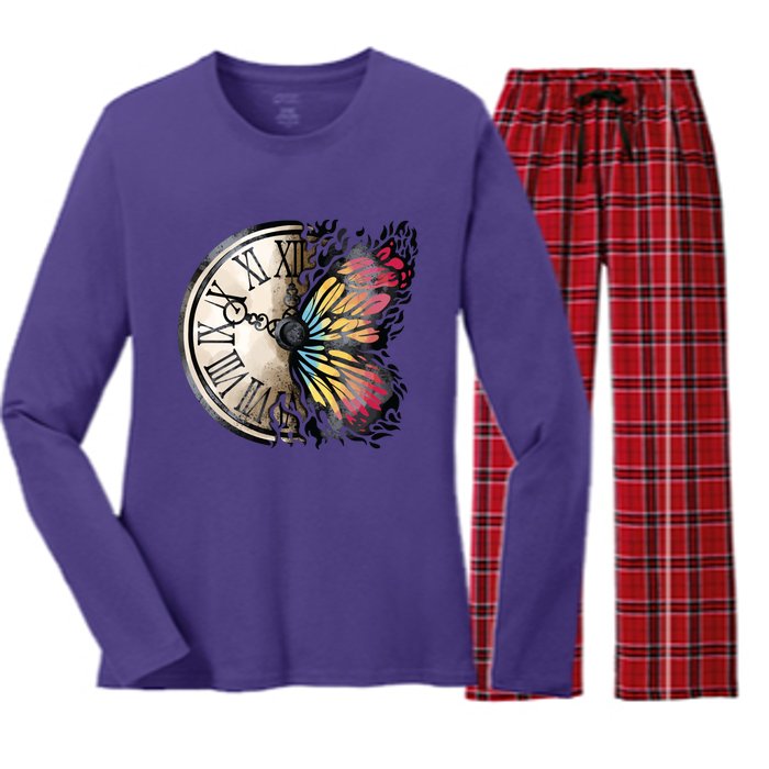 Butterfly Clock Design Women's Long Sleeve Flannel Pajama Set 