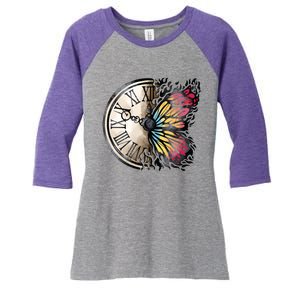 Butterfly Clock Design Women's Tri-Blend 3/4-Sleeve Raglan Shirt