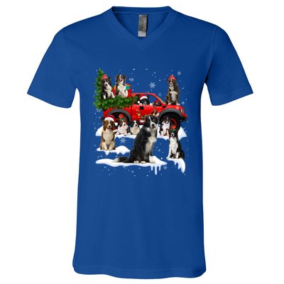 Border Collie Dog Red Truck Christmas Tree Santa Ugly Xmas Cute Gift V-Neck T-Shirt