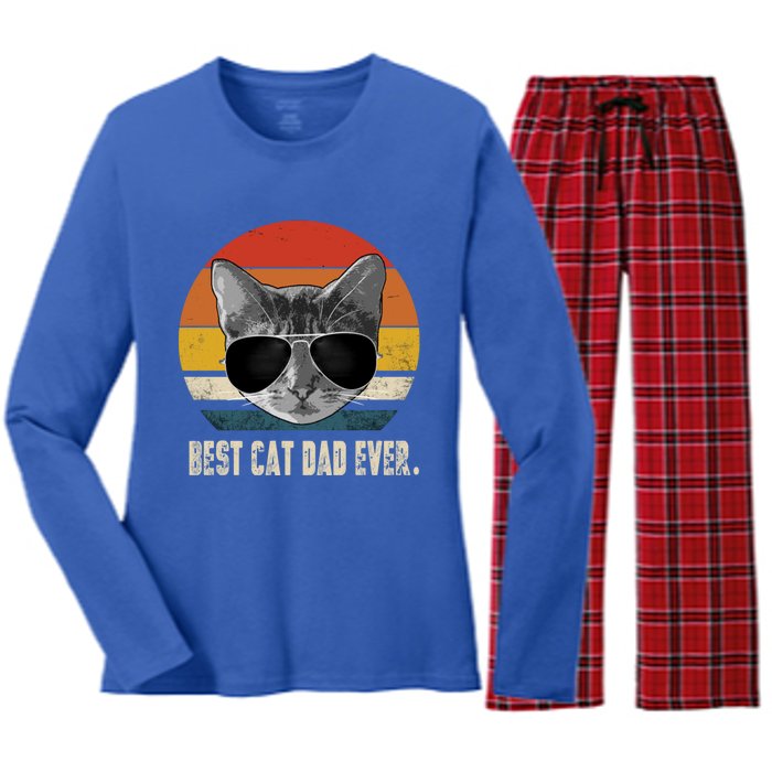 Best Cat Dad Ever Funny Gift Vintage Retro Cat Daddy Cat Father Gift Women's Long Sleeve Flannel Pajama Set 