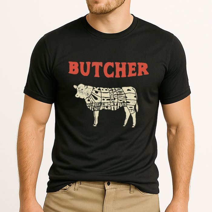 Butcher Cow Diagram Meat Lovers Steak Butchery Cooling Performance Crew T-Shirt