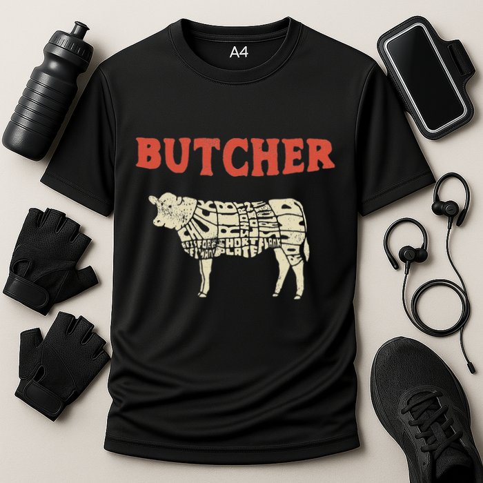 Butcher Cow Diagram Meat Lovers Steak Butchery Cooling Performance Crew T-Shirt