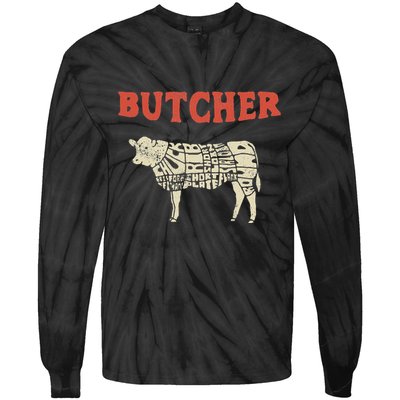 Butcher Cow Diagram Meat Lovers Steak Butchery Tie-Dye Long Sleeve Shirt