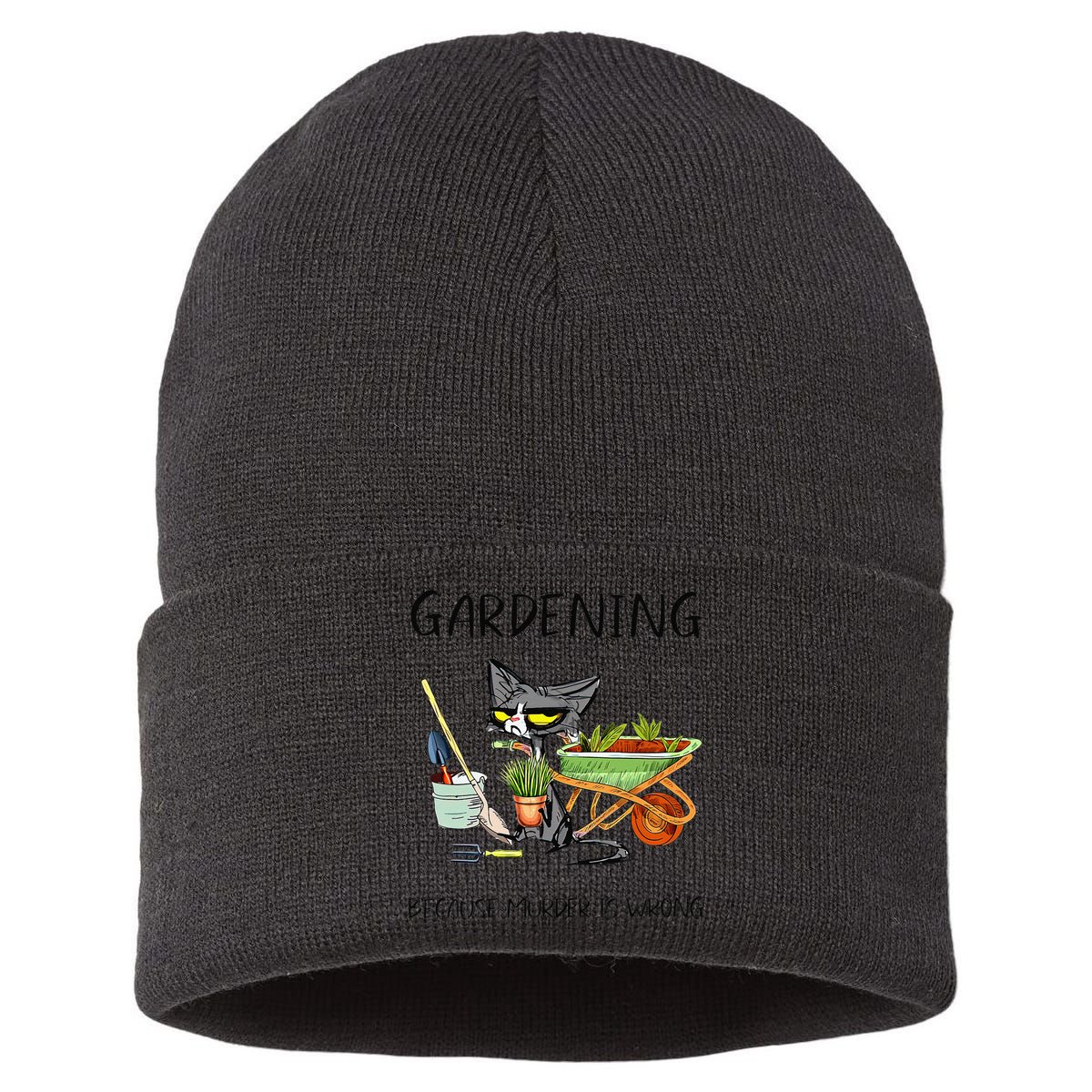 Black Cat Do Gardening Because Murder Is Wrong Sustainable Knit Beanie