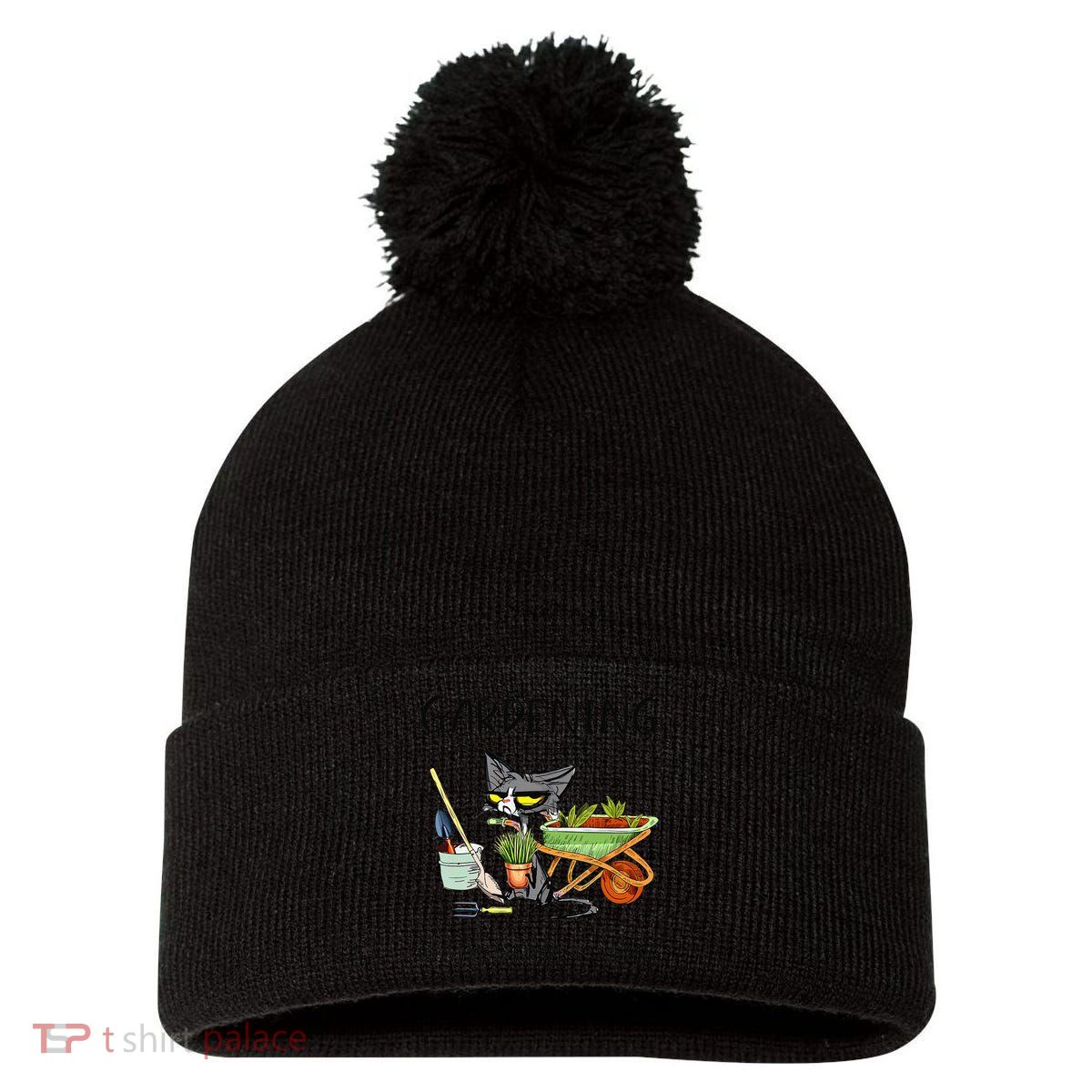 Black Cat Do Gardening Because Murder Is Wrong Pom Pom 12in Knit Beanie