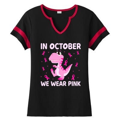 Breast Cancer Dinosaur In October We Wear Pink Boys Ladies Halftime Notch Neck Tee