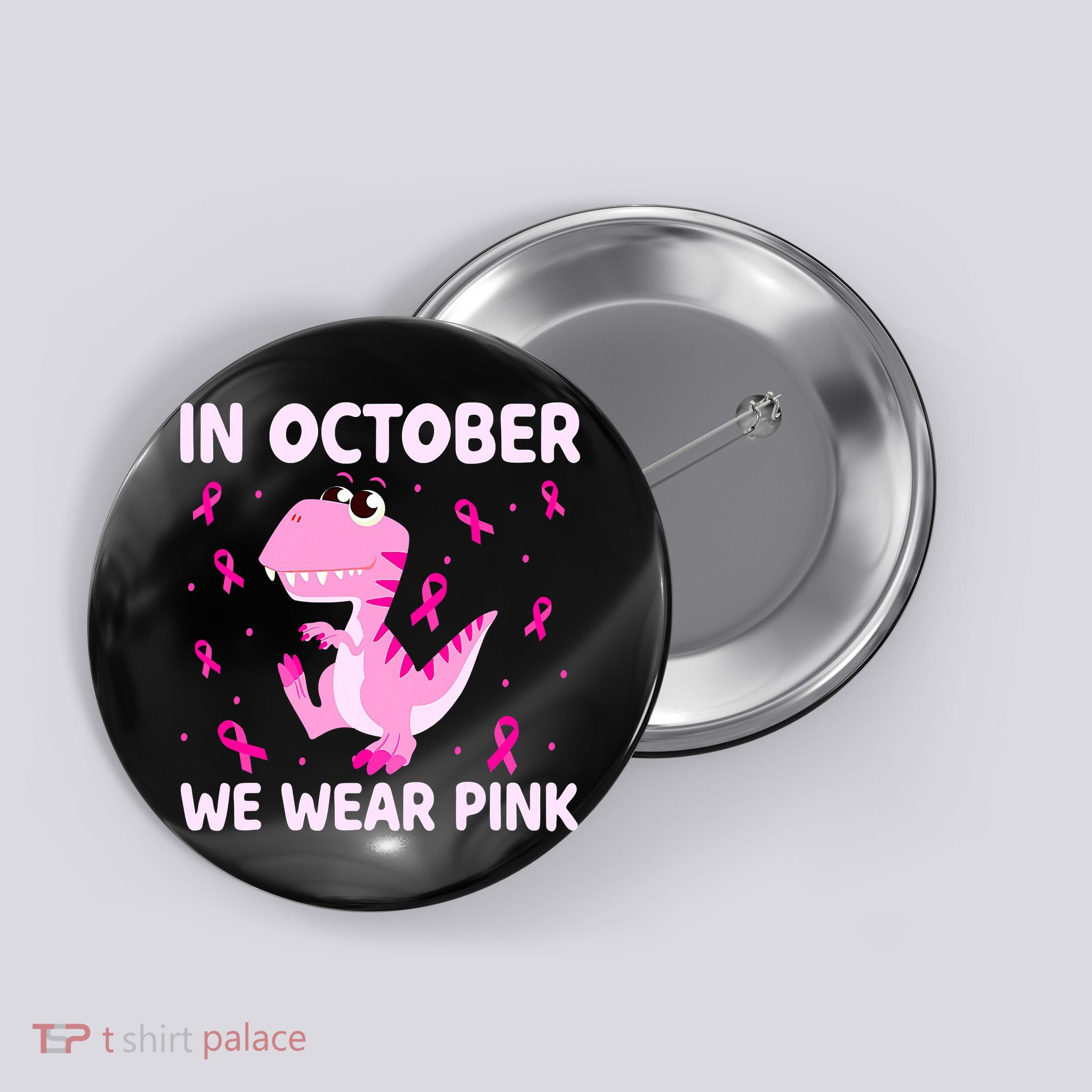 Breast Cancer Dinosaur In October We Wear Pink Boys Button