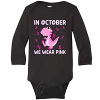 Breast Cancer Dinosaur In October We Wear Pink Boys Baby Long Sleeve Bodysuit