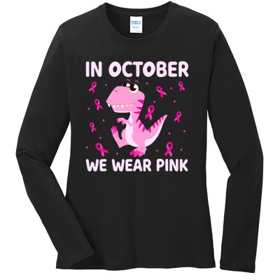 Breast Cancer Dinosaur In October We Wear Pink Boys Ladies Long Sleeve Shirt