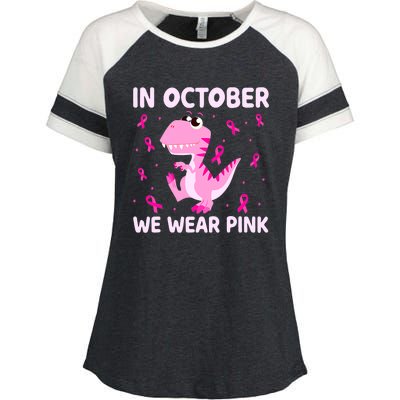 Breast Cancer Dinosaur In October We Wear Pink Boys Enza Ladies Jersey Colorblock Tee