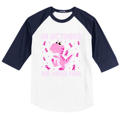 Breast Cancer Dinosaur In October We Wear Pink Boys Baseball Sleeve Shirt