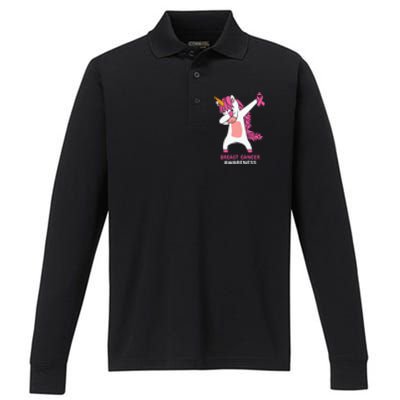 Breast Cancer Dabbing Unicorn, Fight Cancer, Pink Ribbon Breast Cancer, Survivor Performance Long Sleeve Polo