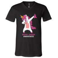 Breast Cancer Dabbing Unicorn, Fight Cancer, Pink Ribbon Breast Cancer, Survivor V-Neck T-Shirt