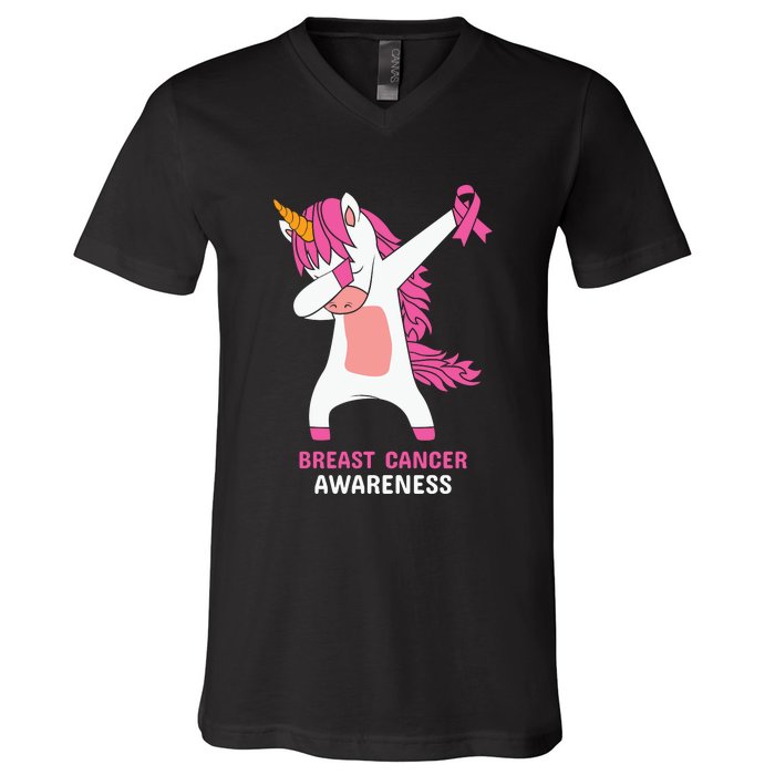 Breast Cancer Dabbing Unicorn, Fight Cancer, Pink Ribbon Breast Cancer, Survivor V-Neck T-Shirt