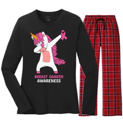 Breast Cancer Dabbing Unicorn, Fight Cancer, Pink Ribbon Breast Cancer, Survivor Women's Long Sleeve Flannel Pajama Set 